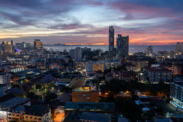 Sunset view from the 22nd floor of a condominium in Pattaya town Chonburi district Thailand Asia