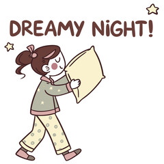 Cute Child Carrying Pillow for Sleep with Dreamy Night Text, Cartoon Style Illustration