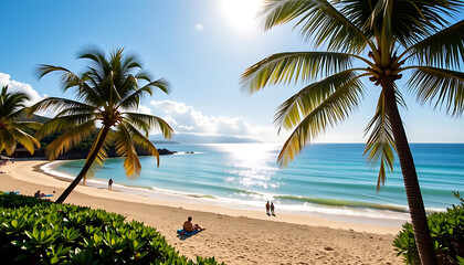 Summer Background: A sunny beach scene with clear turquoise waters palm trees swaying in the breeze and people lounging in the warm sand. background copyspace
