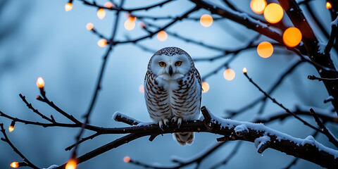 Snowy Owl Perched on a Tree with Candlelight Below - Highlighting wildlife. backdrop background digital art crisp oilpinting minimalist sharp details funny background copyspace