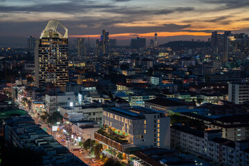 Sunset view from the 22nd floor of a condominium in Pattaya town Chonburi district Thailand Asia