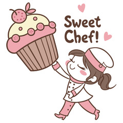 Cute Cartoon Chef Holding Giant Cupcake with Fun Design and Sweet Theme for Children