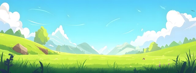 Obraz premium Cute cartoon vector-style landscape view of green fields with a blue sky, simple flat design