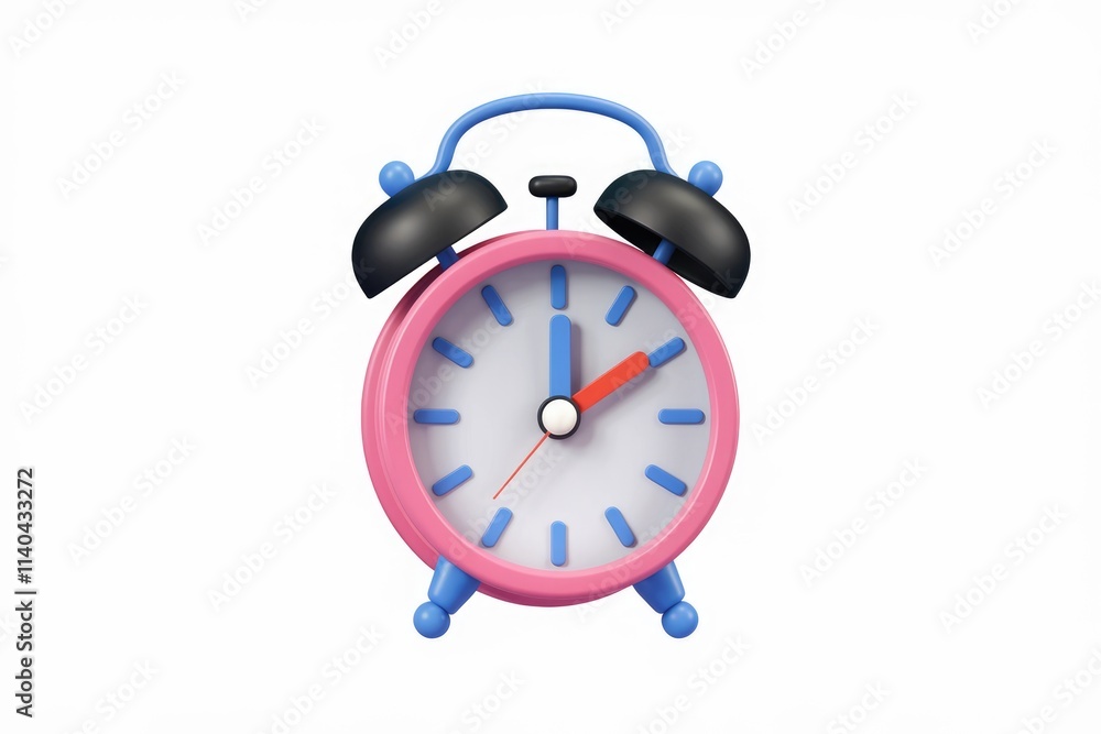 Poster a pink and blue 3d rendered alarm clock showing the time.