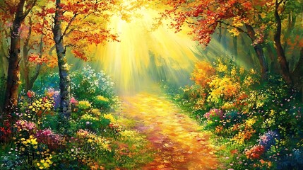 Fototapeta premium Golden Autumn Sunlight Streaming Through a Forest Path. AI Generated