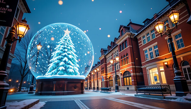 Snow Globe Street - A street with giant snow globe lampposts. background copyspace