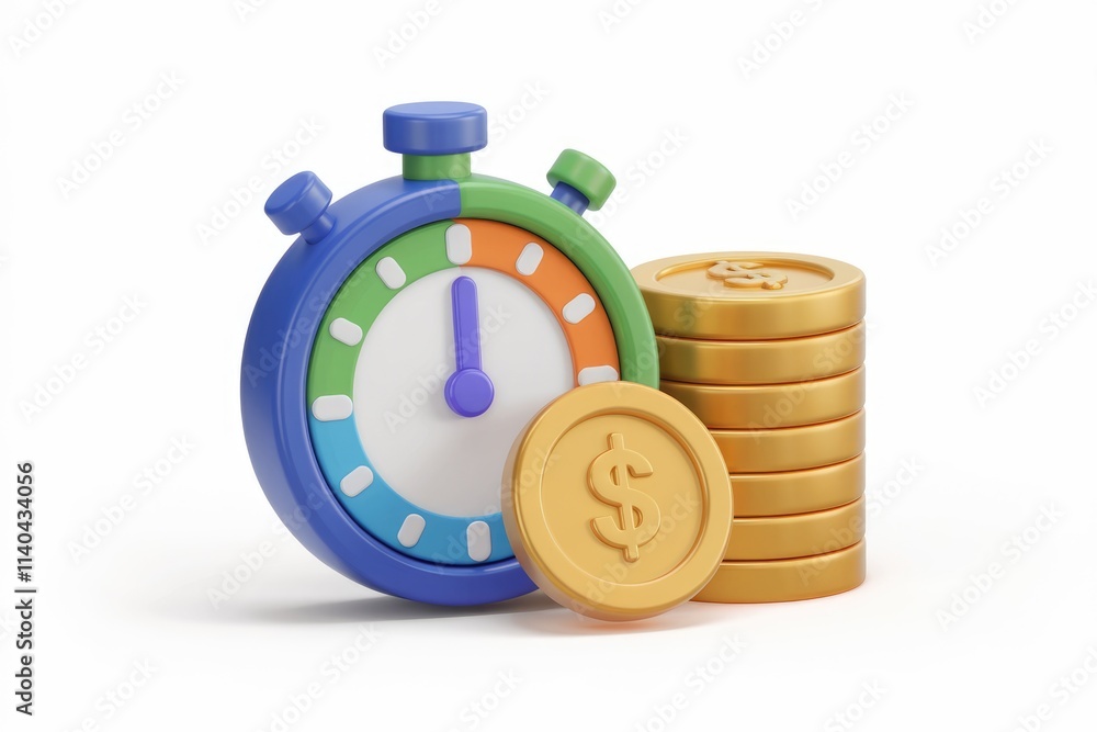 Poster a colorful stopwatch beside a stack of gold coins symbolizing time and money.