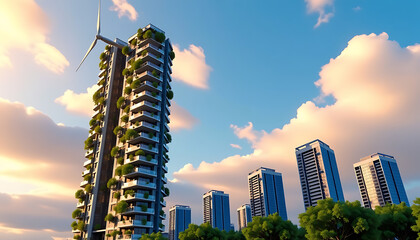 Obraz premium Sustainable Business Tower - A vertical garden skyscraper with wind turbines and solar panels integrated into its design. background copyspace