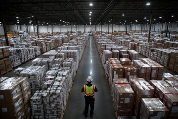 Warehouse Worker Observing Stacked Inventory Rows