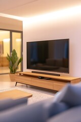 Modern living room featuring a television on a wooden stand with a plant in the background.