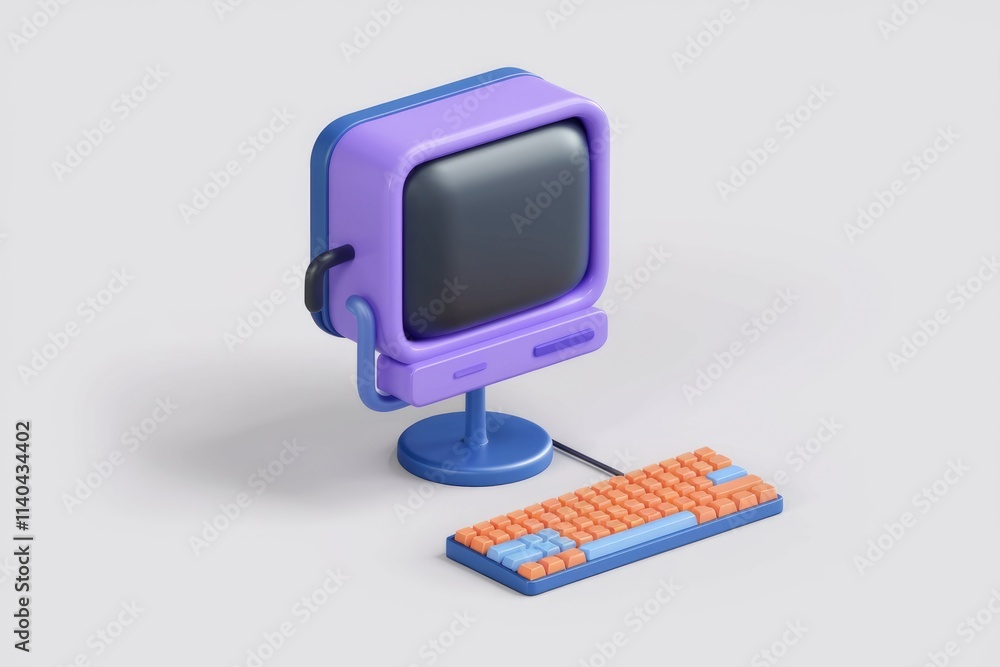 Poster A retro styled 3D render of a computer with a CRT monitor and a keyboard.
