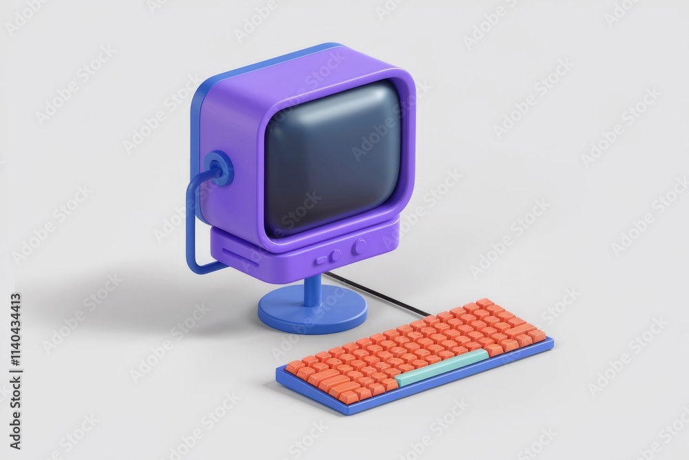 Poster Retro styled 3D render of a purple computer monitor and orange keyboard.