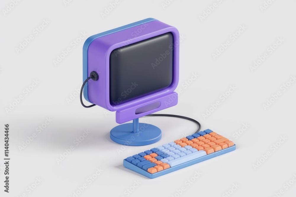 Aufkleber A retro styled computer with a purple monitor and a colorful keyboard  digitally rendered.
