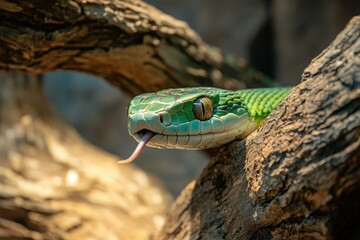 Fototapeta premium Close-Up of a Vibrant Green Snake on Branch