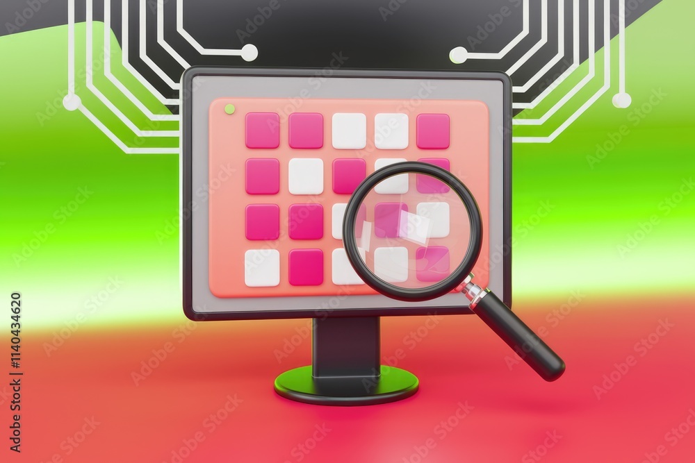 Aufkleber magnifying glass on computer screen with pink and white grid.