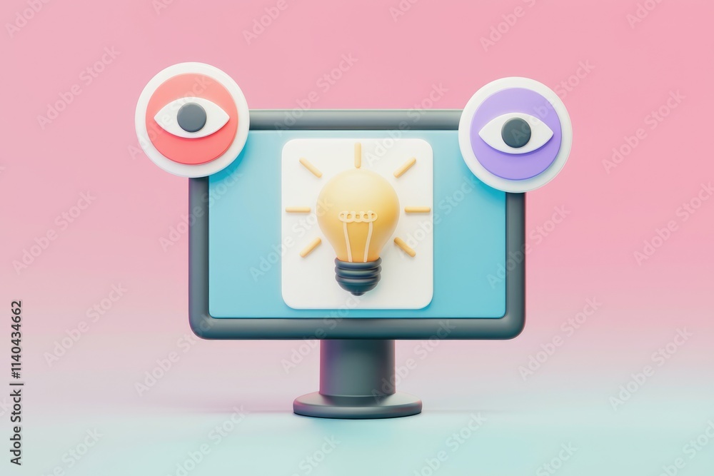 Leinwandbilder Computer screen displays a lightbulb  symbolizing ideas and insights viewed by two eyes.
