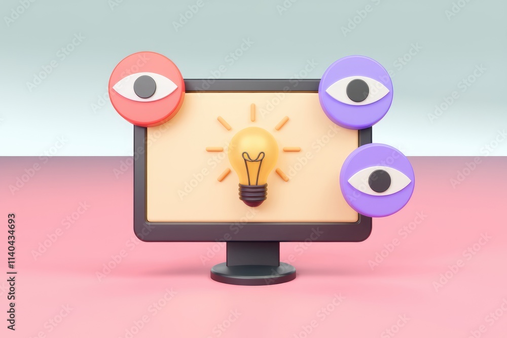 Poster Computer screen displays a lightbulb surrounded by eyes  symbolizing idea generation and attention.