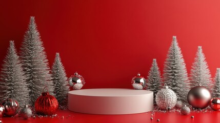 Holiday display with a red background, festive ornaments, round podium, shiny baubles, and silver Christmas trees