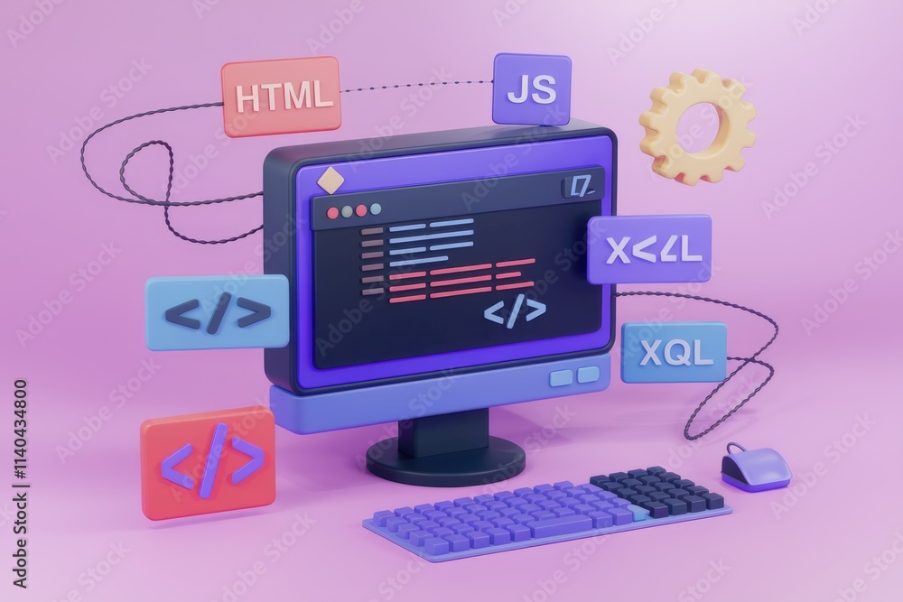 Leinwandbilder A 3D illustration showcasing web development using HTML  JS  XML  XQL  and other coding languages.