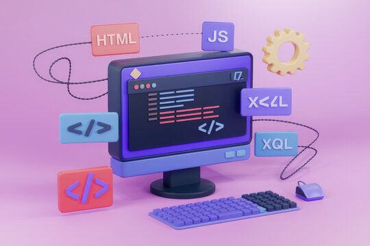 A 3D illustration showcasing web development using HTML  JS  XML  XQL  and other coding languages.