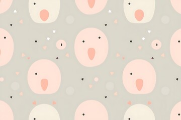 Playful Pink and Grey Abstract Circle Pattern: Seamless, contemporary pattern featuring whimsical pink and grey circles with playful eyes and mouths, scattered with small, black.