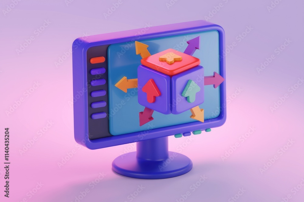 Poster 3D cube with arrows on computer monitor symbolizes data flow.