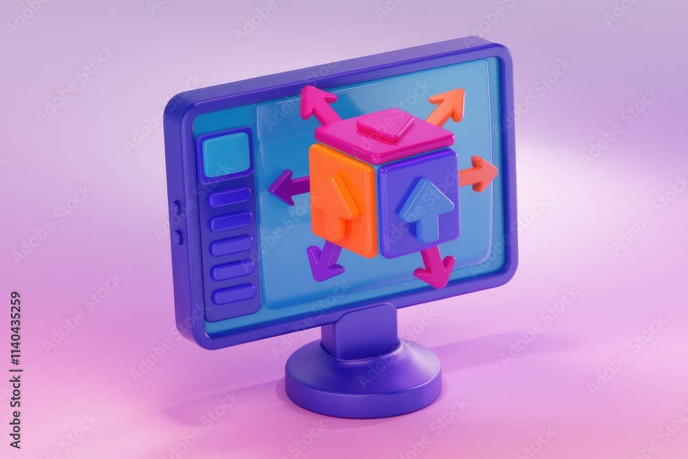 Poster 3D cube on screen with arrows showing data flow.