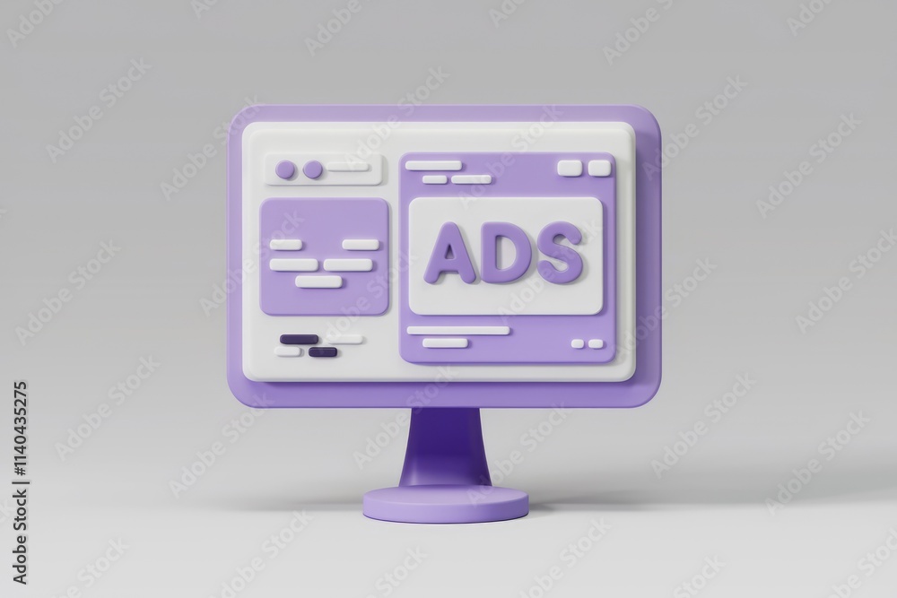 Aufkleber A 3D render of a purple computer screen displaying the word 'ADS'  representing online advertising.