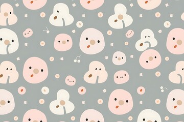 Whimsical Grey & Pink Seamless Pattern: This charming, repeating pattern features adorable pink and white cartoon-like faces, creating a cheerful and whimsical design perfect for children's products.
