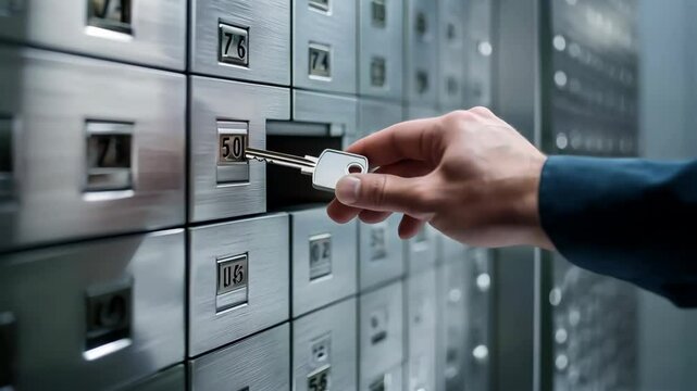 A man is reaching into a silver box with a key in his hand. The box is labeled with numbers and letters, and the man is trying to open it
