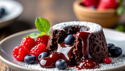 Vegan Chocolate Lava Cake - A rich gooey chocolate cake with a molten center served warm with a berry compote. background copyspace