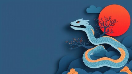 Obraz premium Papercut snake coiled around a glowing coin tree in a Chinese New Year landscape of wealth