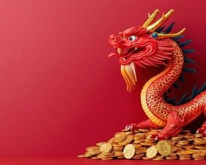 Obraz premium A majestic dragon coiled around a glowing pile of coins and gold bars, symbolizing wealth during the Chinese New Year