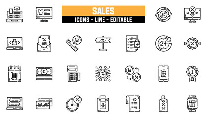 Set of 25 line icons sales. Editable stroke. Vector illustration