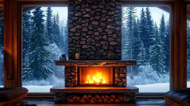 Rustic stone fireplace in cozy cabin with snowy forest view outside. Seamless looping 4k video background