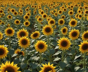 Field of tall sunflowers with bright yellow petals and dark centers, countryside scenery, golden flowers