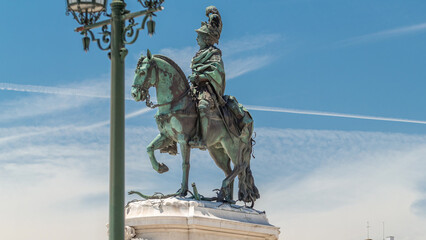 Statue of of King Jose I on Commerce Square in Lisbon timelapse hyperlapse, Portugal