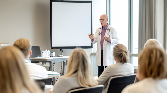 Elderly caucasian male doctor giving medical presentation to group