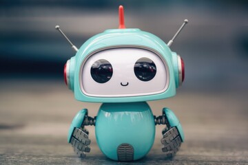 Adorable teal robot toy with big eyes and antennas  exuding cuteness.