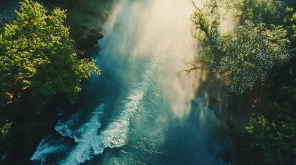 Obraz premium Aerial View of a Misty River in a Lush Forest at Sunrise. AI Generated
