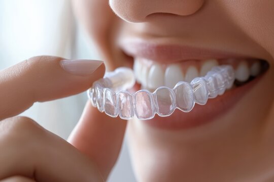 A person showing a bright, healthy smile with clear aligners in place