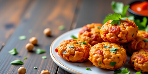 Crispy Veggie Pakoras - Deep-fried fritters made with chickpea flour and a mix of vegetables. backdrop background digital art crisp oilpinting minimalist sharp details funny background copyspace