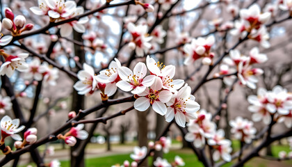 Almond Blossom - Almond trees covered in delicate white and pink blossoms. background copyspace