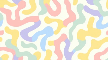 Colorful Abstract Memphis Pattern with Wavy Shapes in Soft Pastels