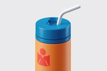 Orange tumbler with blue lid and white straw  featuring a simple logo.