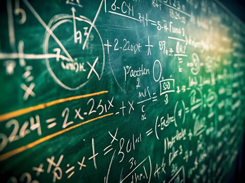 High-Depth-of-Field Chalkboard Equations: Math Formulas, Education, Science, Physics, Geometry, Algebra, Calculus, Blackboard, Classroom, School, Learning, Study, Education Background