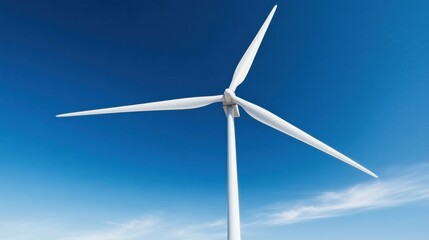 Wind turbine against a clear blue sky, symbolizing renewable energy.