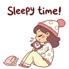 Cute Girl in Pajamas Holding Teddy Bear with Text Sleepy Time in Cartoon Style