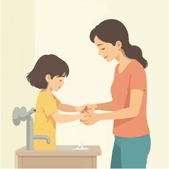 Girl hand washing illustration vector design, Family Washing Hand in basin