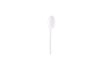 Cucchiaio di plastica bianco fotografato su uno sfondo bianco